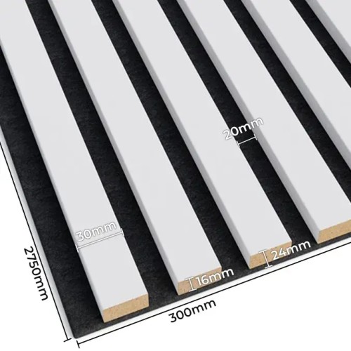 Dimensions of a wall panel with white slats on black felt: 2750 mm long, 300 mm wide, slat width 30 mm.