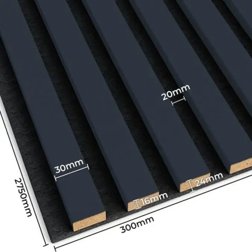 Dimension diagram of anthracite wall slats on felt: 2750x300 mm and 24 mm thick.