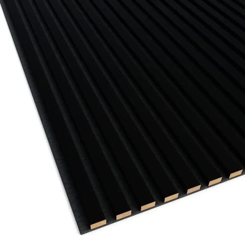 Black wall panel with decorative slats on black felt, with the cross-section of the strips visible.