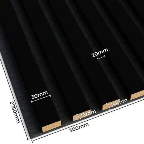 Black panel with slats on felt, with dimensions indicated: 300 mm wide, 2750 mm long and 24 mm thick.