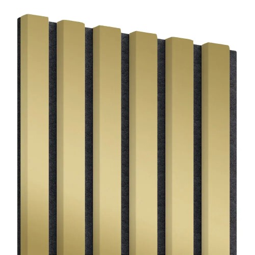 Vertical gold wall slats with a glossy finish on black felt.