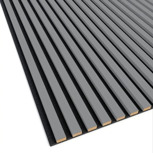 Grey wall slats mounted parallel on black felt, with the cross-section of the strips visible.