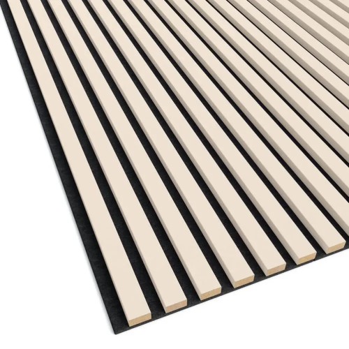 Wall panel with beige decorative slats on black felt.