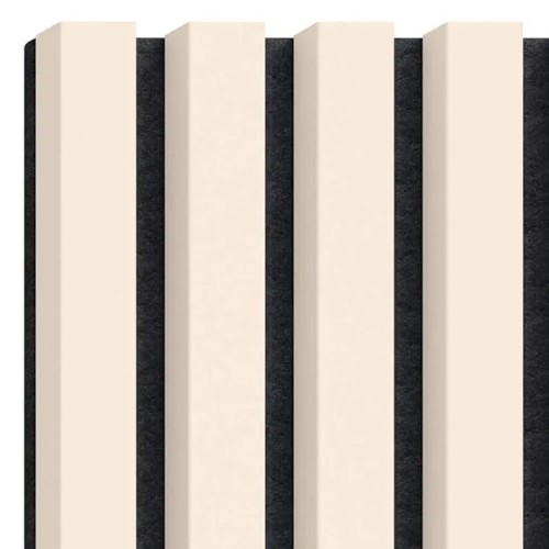 Vertical beige wall slats on black felt.