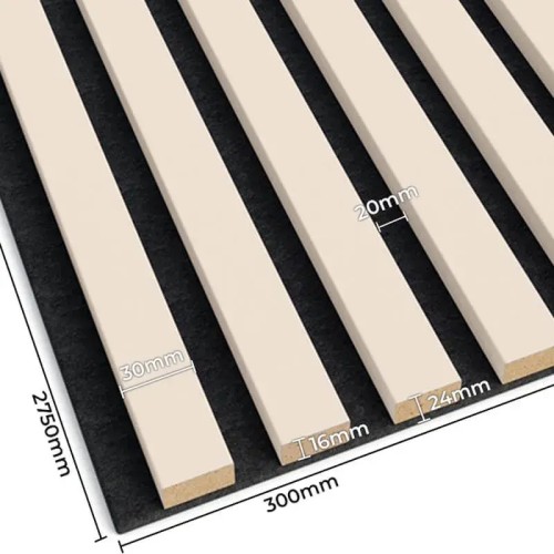 Beige wall slats on black felt, with the dimensions of the slats and panel shown.