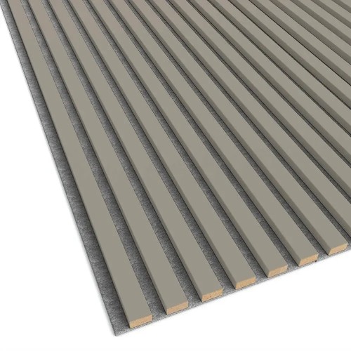 Cashmere-coloured wall slats mounted on a grey felt backing.