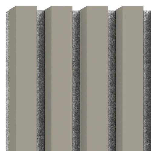 Vertical cashmere-coloured wall slats mounted on dark grey felt.