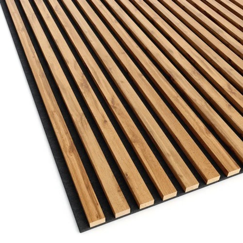 Wotan oak-coloured wall slats mounted on a black felt backing.