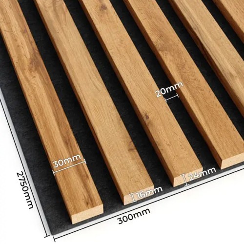 Wotan oak decorative slats on black felt, with the dimensions of the panels, strips and gaps shown.