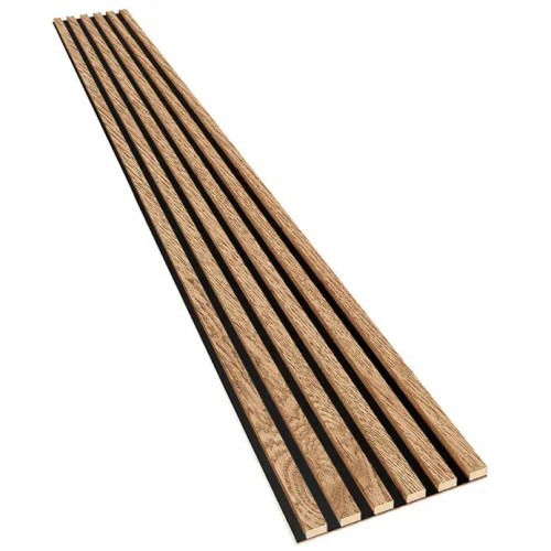 Long panel with oak veneer-coloured wall slats on a black HDF board.