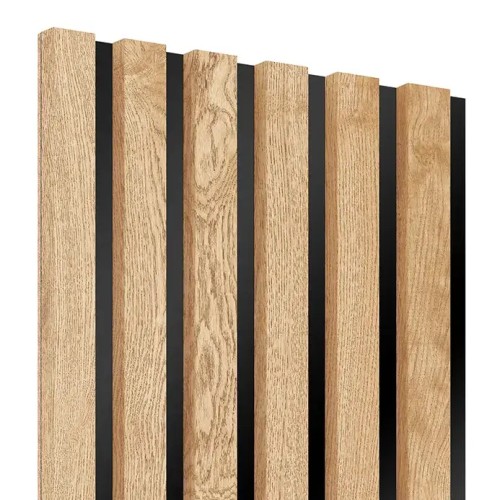 Oak veneer-coloured wooden wall slats on a black HDF backing board.