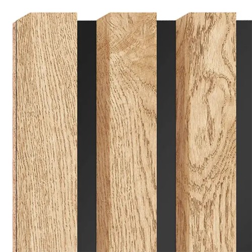 Vertical oak-veneered wall slats mounted on a black HDF board, with the grain visible.