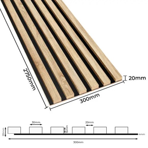 Technical diagram with dimensions of a panel of oak-coloured wall slats on a black HDF backing.