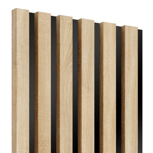 Vertical Sonoma oak wall slats mounted on a black HDF board.