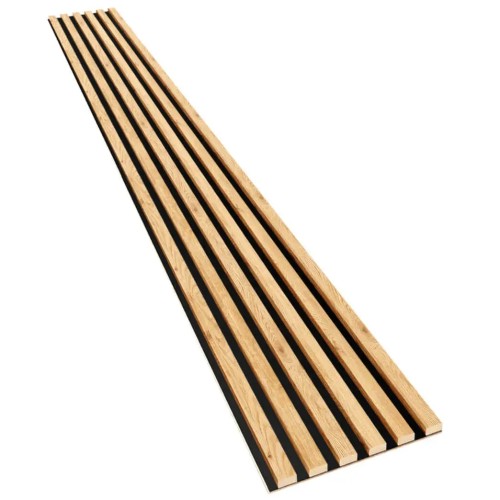 Oak wall slats in natural oak colour on a black HDF board.