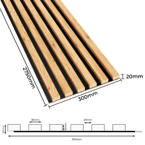 Technical diagram with dimensions of natural oak wall slats on a black HDF board.