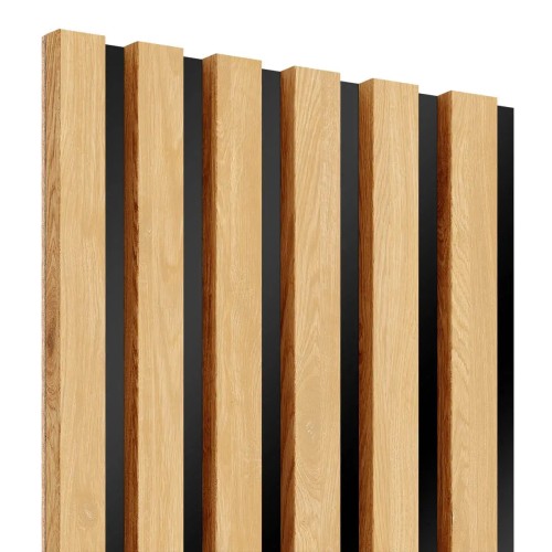 Vertical decorative slats in natural oak on a black HDF board.
