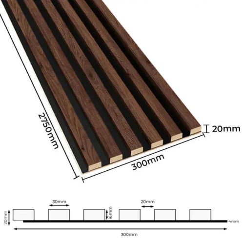 Technical diagram with dimensions of a panel of walnut slats on a black HDF board, with a cross-section.