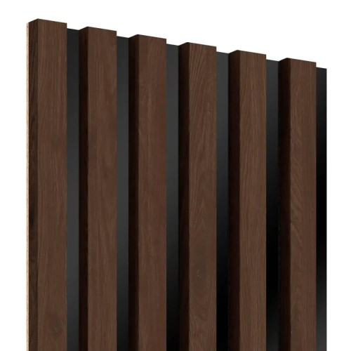 Vertical dark walnut wall slats mounted on a black HDF board.