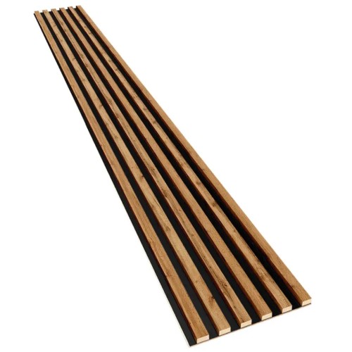 Decorative wall panel with Wotan oak-coloured slats mounted on a black HDF board.