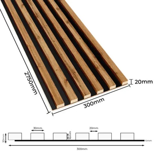 Dimensions of a wall panel with oak slats on a black backing: 2750 mm long and 300 mm wide.
