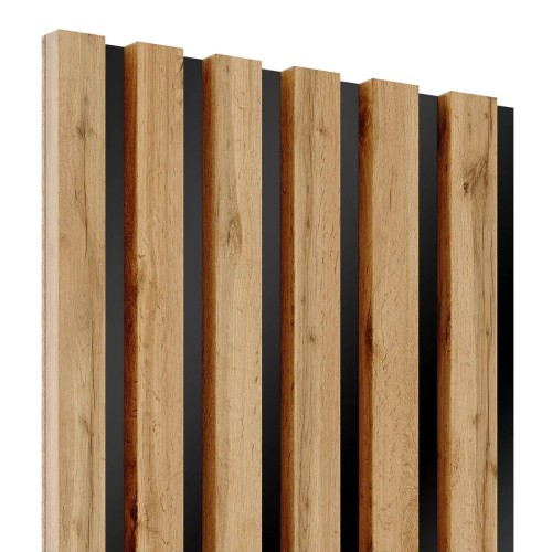 Vertical Wotan oak wall slats mounted on a black HDF board.