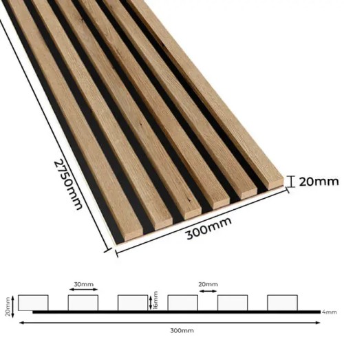 Dimensioned panel with slats on a black HDF board, 2750 mm long and 300 mm wide, and its cross-section.