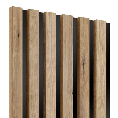 Artisan oak-coloured wooden wall slats mounted on a black HDF board.