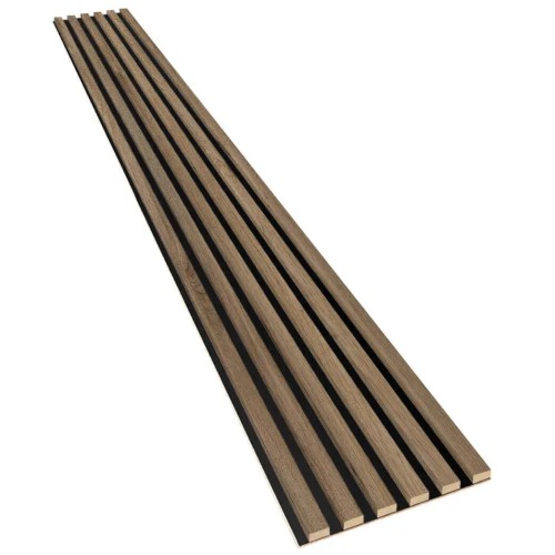 Long wall panel with dark oak decorative slats on a black HDF board.