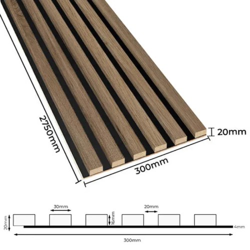 Dimension diagram of a dark oak wall slat panel on a black HDF board, with a cross-section.