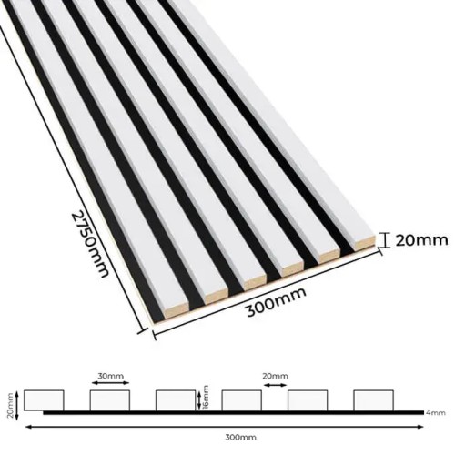Technical diagram of white decorative slats on a black HDF board, with dimensions of 2750x300x20 mm.