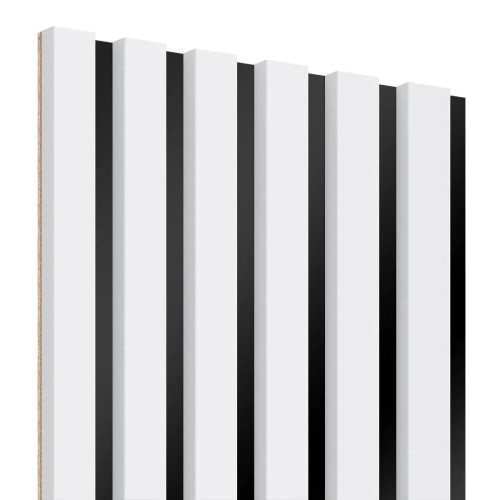 White vertical wall slats mounted on a black HDF board.
