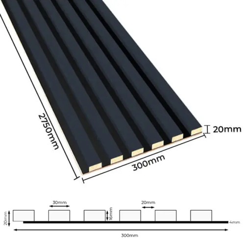 Dimensions and technical cross-section of a black wall slat panel: 2750 mm long, 300 mm wide and 20 mm thick.