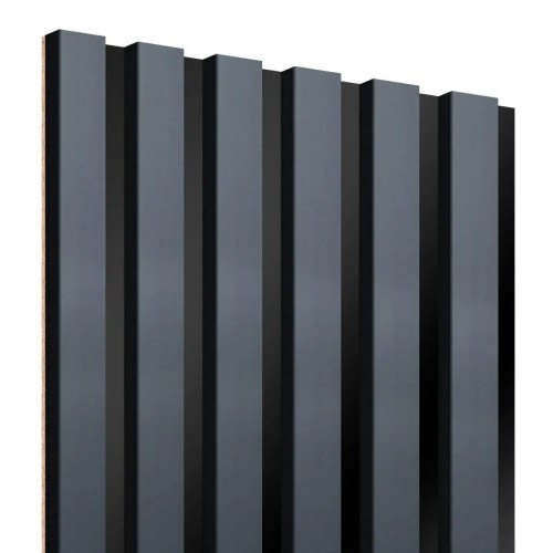 Vertical anthracite-coloured wall slats on a black HDF board.
