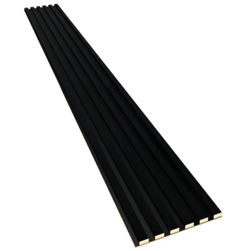 Long black wall panel with decorative slats on an HDF board.
