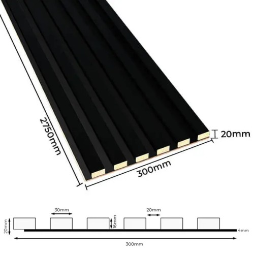 A technical drawing showing the dimensions of a black wall slat panel on an HDF board, with its cross-section.