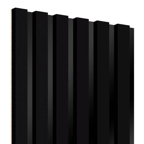 Black wall panel with vertical black slats on a black HDF board.