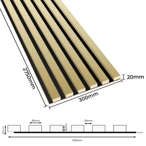 Technical diagram with dimensions of a slatted panel on an HDF board: width 300 mm, length 2750 mm, thickness 20 mm.