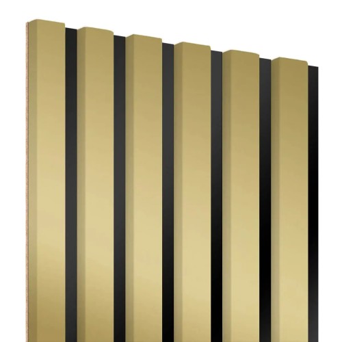Vertical gold wall slats on a black HDF board.