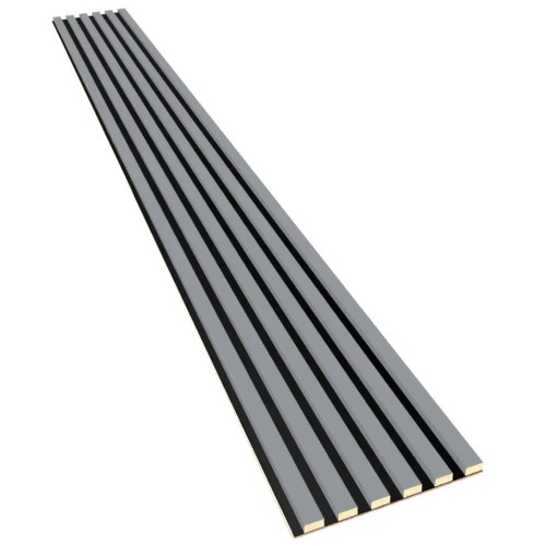 Grey wall slats on a black HDF board, shown in perspective.