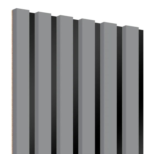 Grey vertical wall slats on a black HDF board