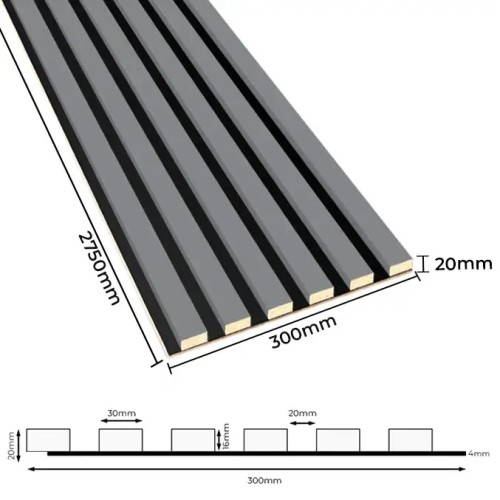 Diagram showing the dimensions of grey wall slats on an HDF board: length 2750 mm, width 300 mm and thickness 20 mm.