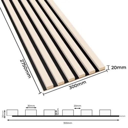 Diagram showing the dimensions of beige wall slats, 300 mm wide and 2750 mm long, with a cross-section.