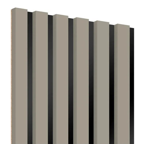 Vertical cashmere-coloured wall slats mounted on a black HDF board.