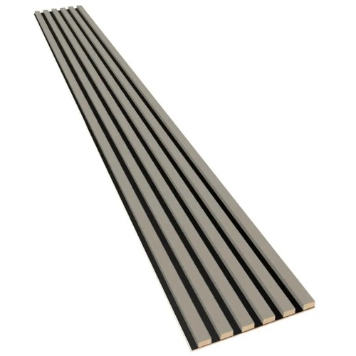 Long decorative panel with cashmere-coloured slats on a black HDF board backing.