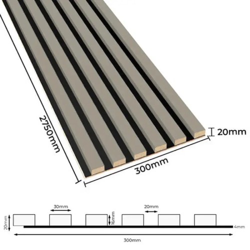 Dimension diagram of cashmere wall slats on a black HDF board, 300 mm wide and 2750 mm long.
