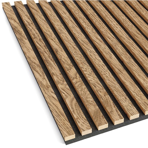 Wall slats with oak veneer on a black felt backing.