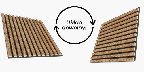 Oak slats on black felt shown in vertical and horizontal arrangements, with the text “Any arrangement”.