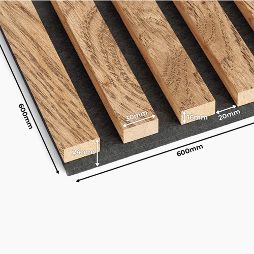Dimensions of a 600x600 mm wall panel with oak slats on black felt: thickness 24 mm, strip width 30 mm.
