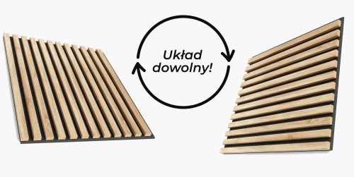Sonoma oak wall slats on black felt shown in vertical and horizontal arrangements, with the text “Any arrangement”.